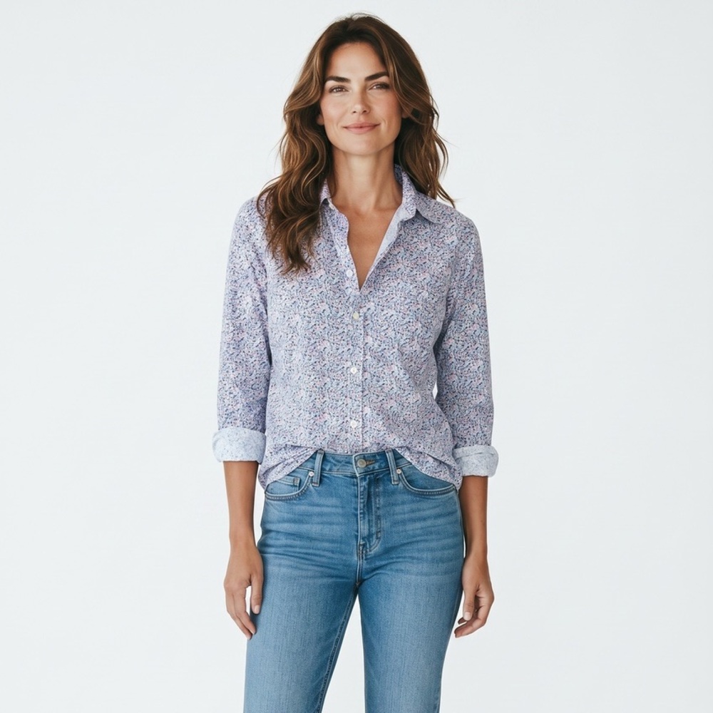 Frank & Eileen Barry pink blue floral button down cotton shirt M